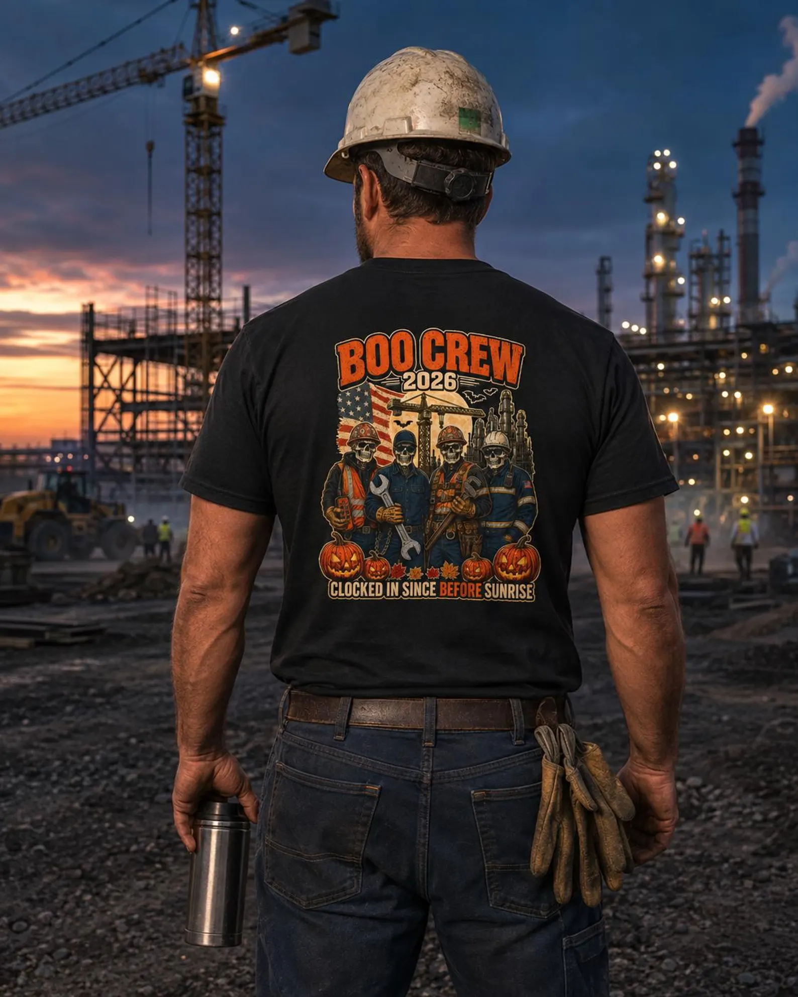 Black BOO CREW 2026 shirt shown from the back at a construction site