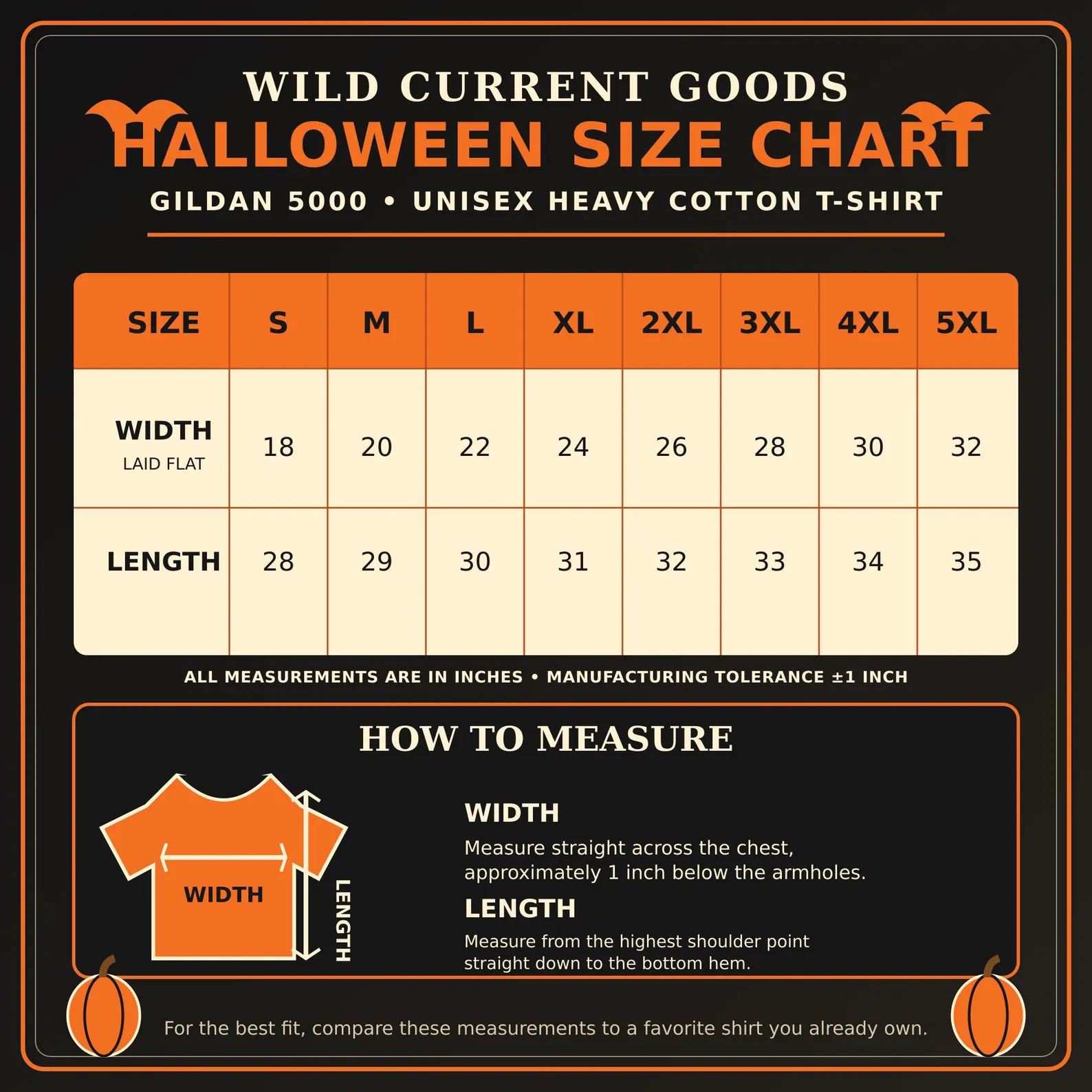 Wild Current Goods Halloween size chart with matching shirt measurements